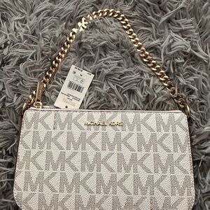 SOLD!!!! Michael Kors White and Gold MK Logo Chain Pouchette Shoulder Bag NWT